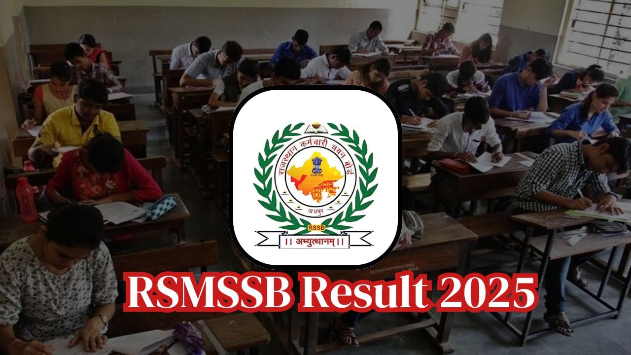 Student checking RSMSSB Result 2025 on a laptop with the official website open, displaying roll number entry fields