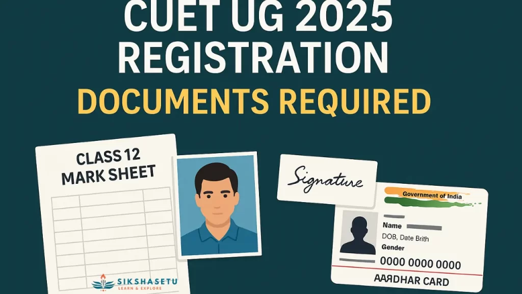 A digital infographic showing important documents required for CUET UG 2025 registration, including photo ID, mark sheets, certificates, and application timeline.