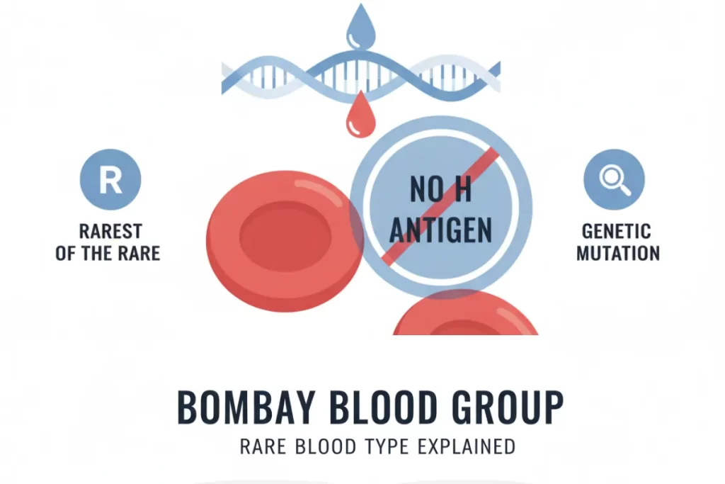 Bombay Blood Group structure diagram showing absence of H antigen on red blood cells compared to normal blood types