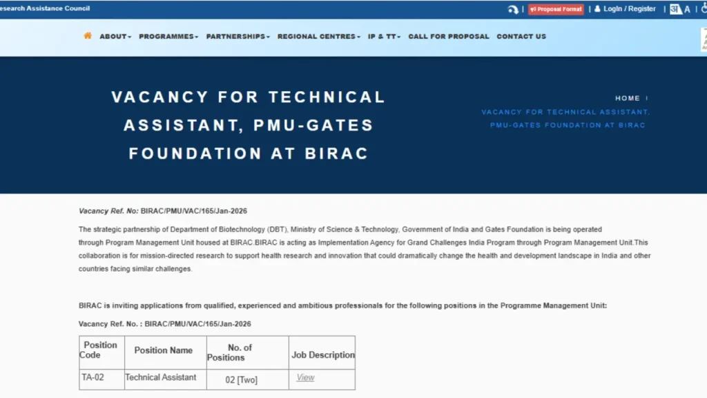 BIRAC 2026 में Technical Assistant (Health Care) के लिए vacancy