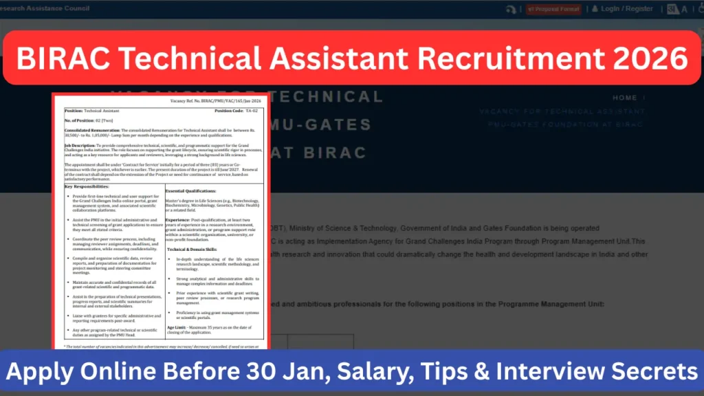 BIRAC 2026 में Technical Assistant (Health Care) के लिए vacancy ka mauka h